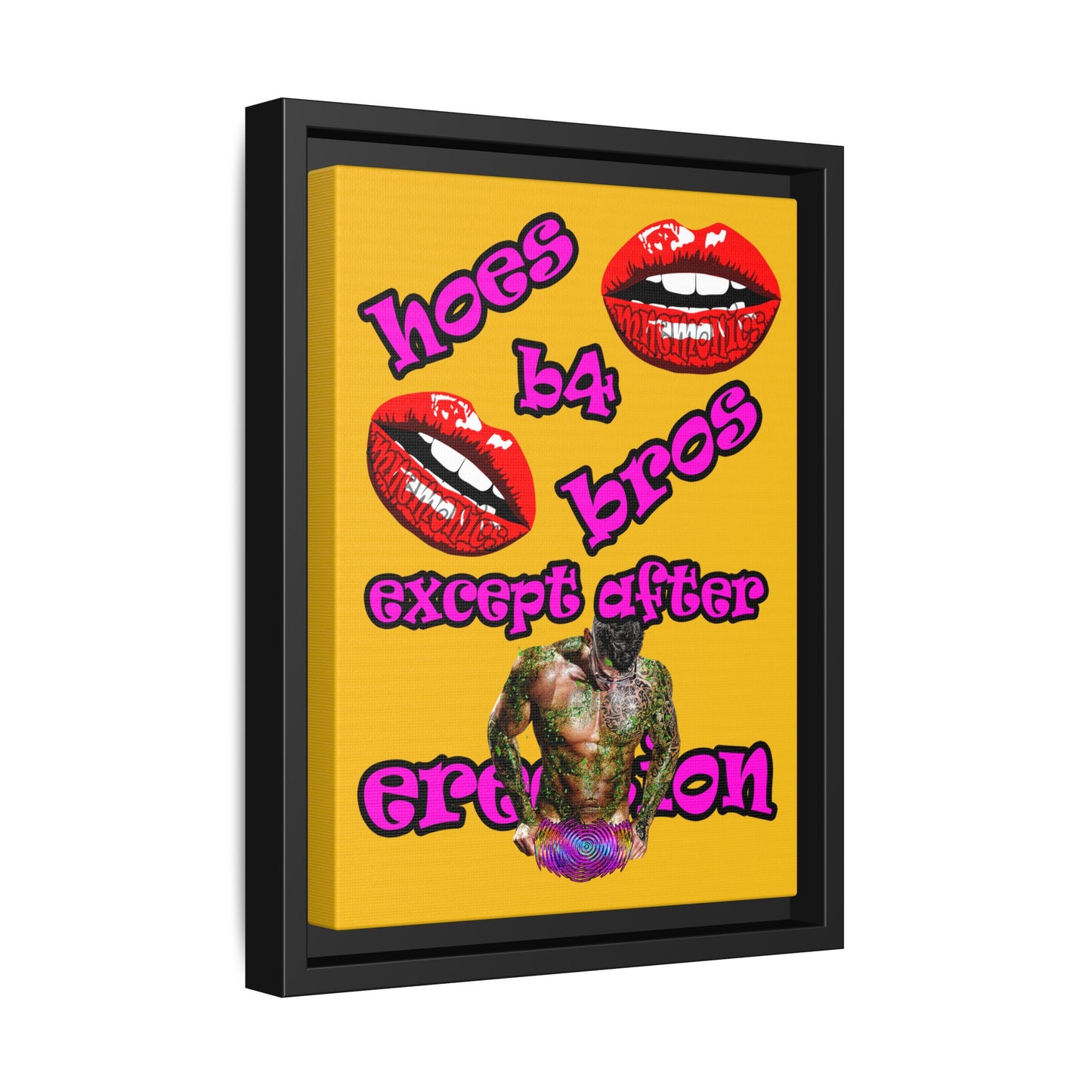 hoes b4 bros - framed canvas art (yellow)