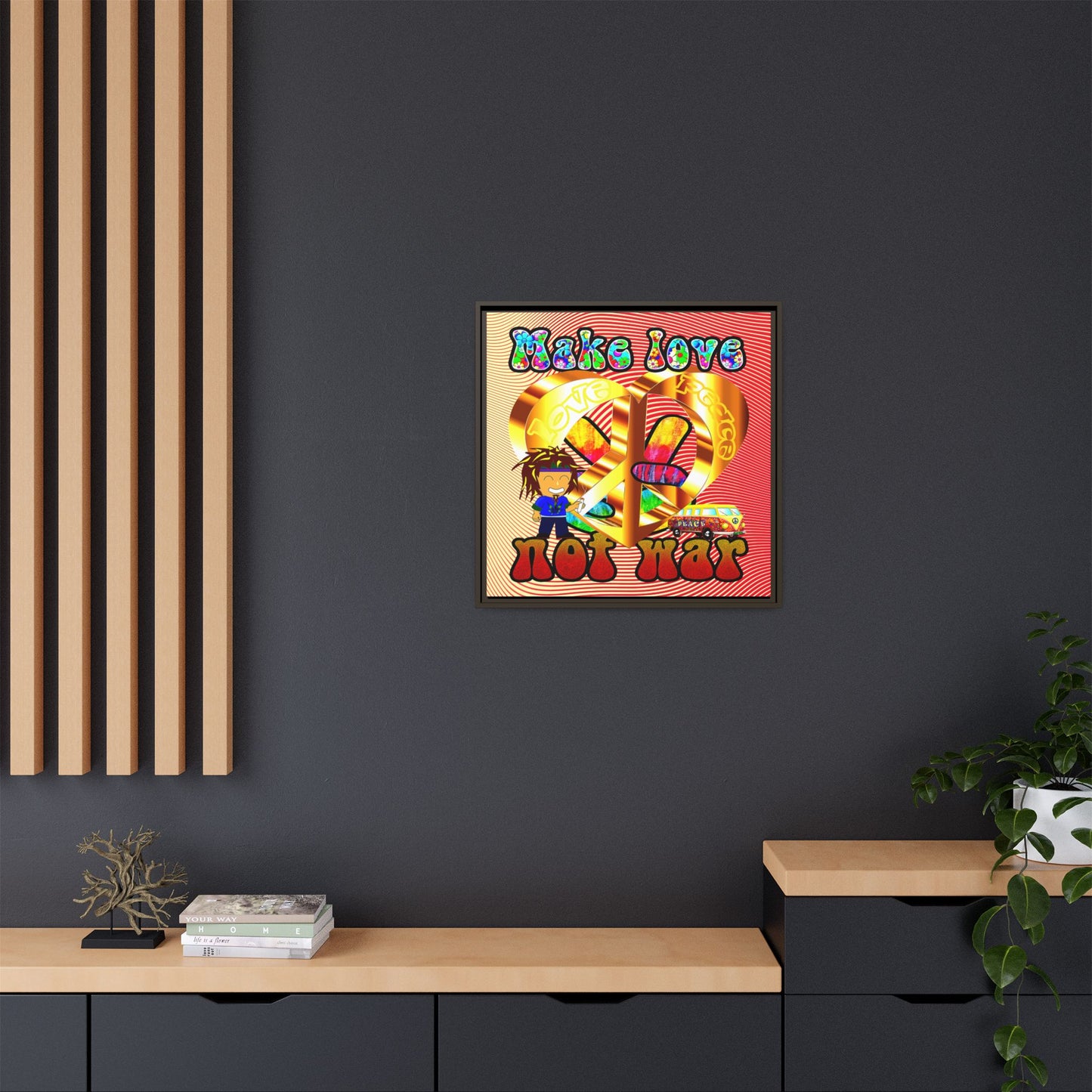 love peace - framed canvas art (yellow-orange wave)
