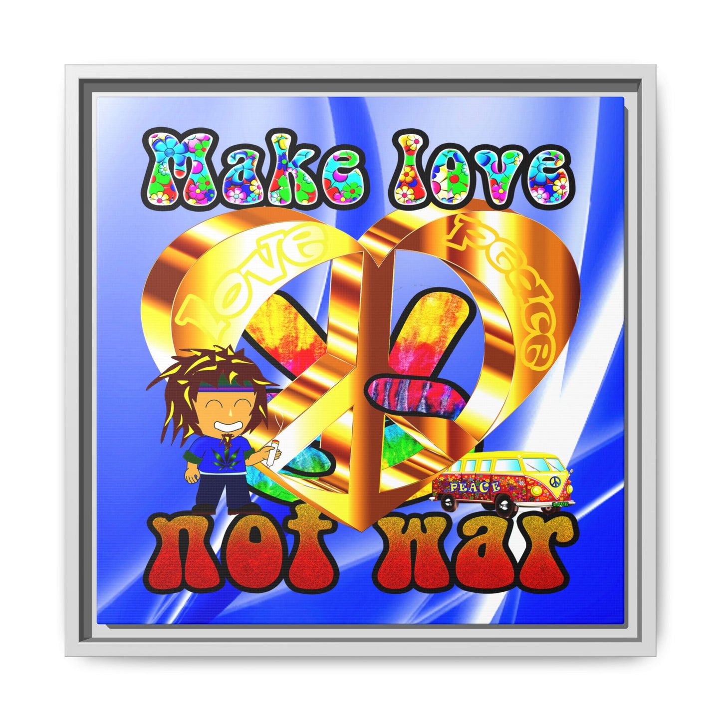 love peace - framed canvas art (blue-white wave)