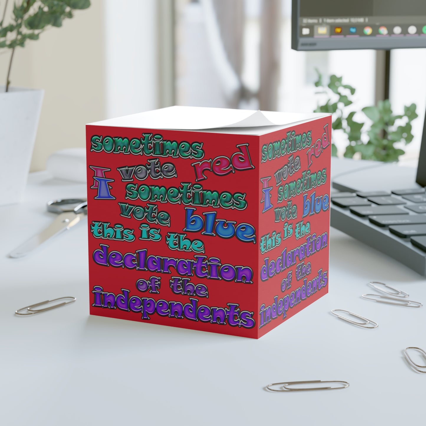 declaration of the independents - note cube (dark red)