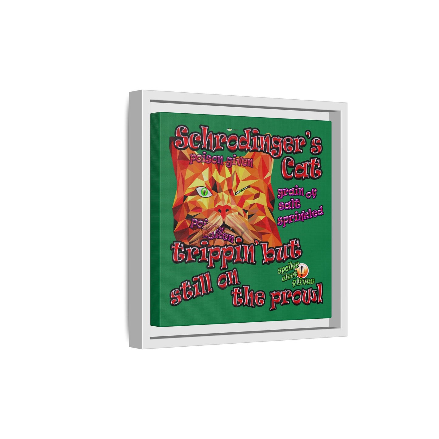 schrodinger's cat - framed canvas art (dark green)