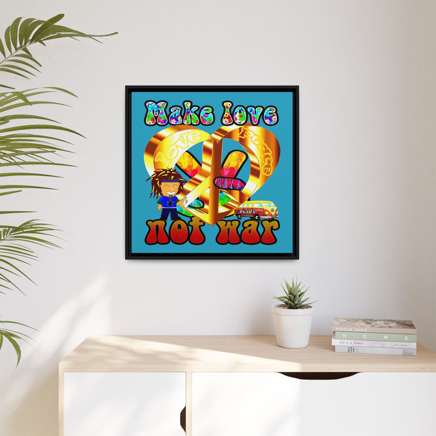 love peace - framed canvas art (turquoise)