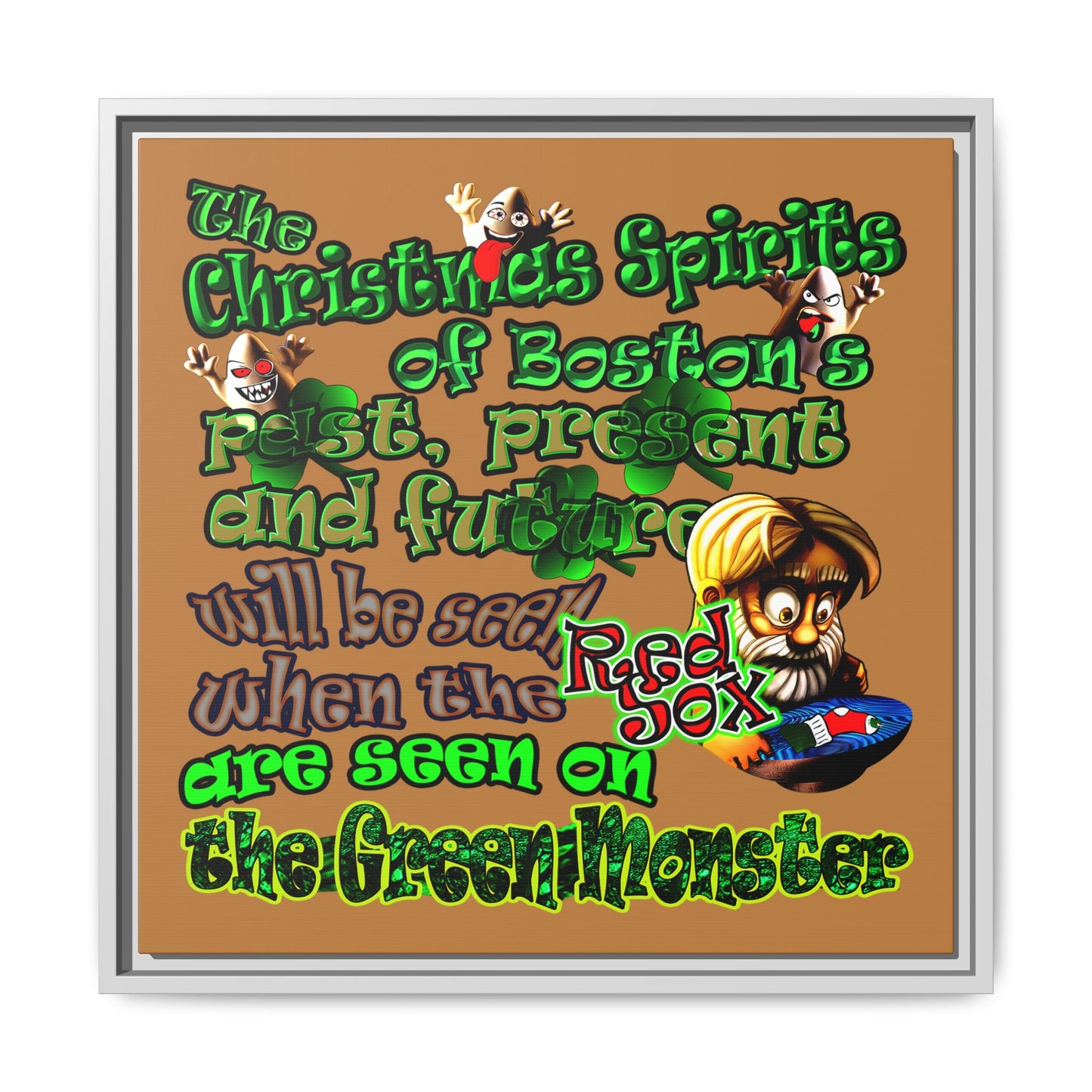 christmas spirits of boston - framed canvas art (light brown)