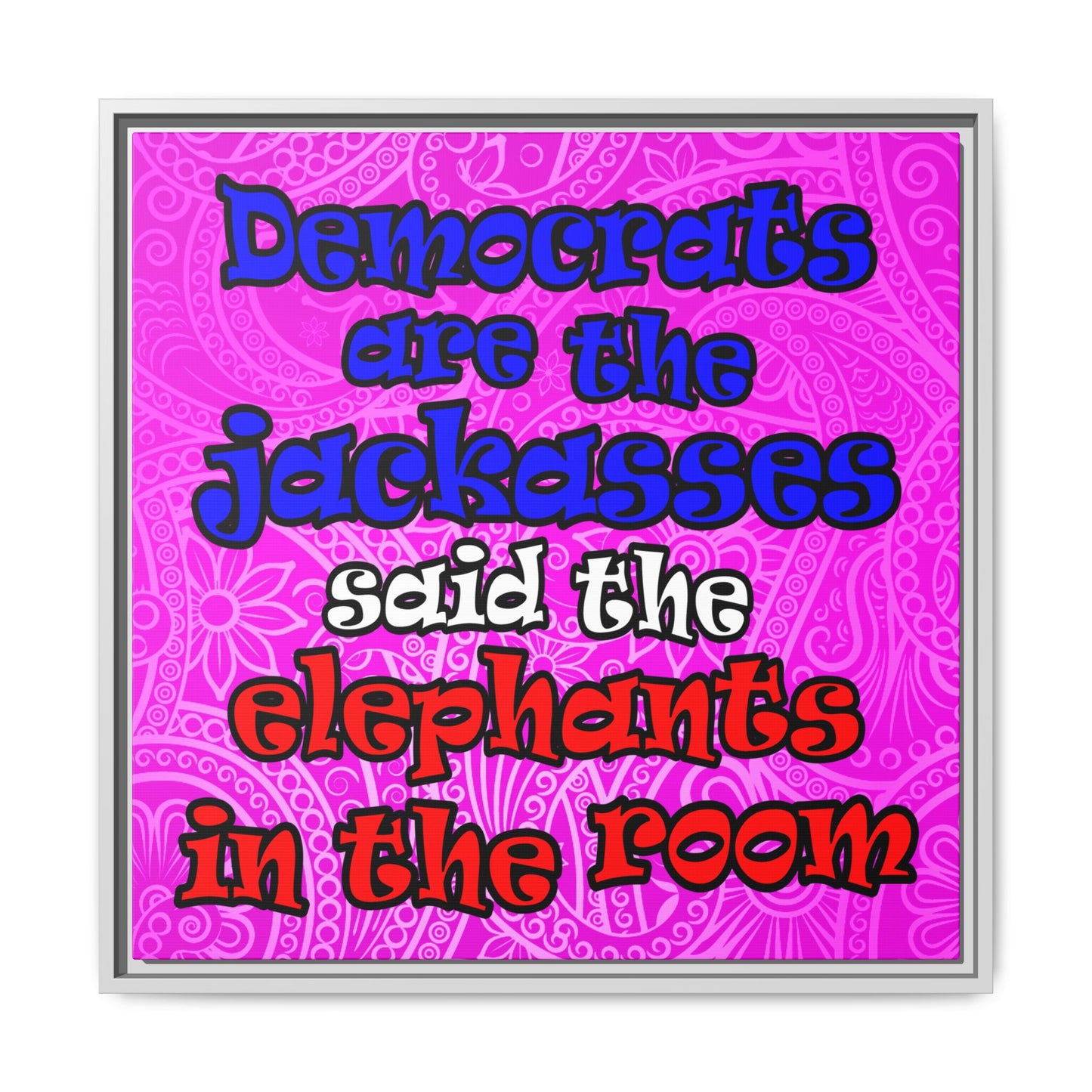 donkeys and elephants - framed canvas art (pink swirl)