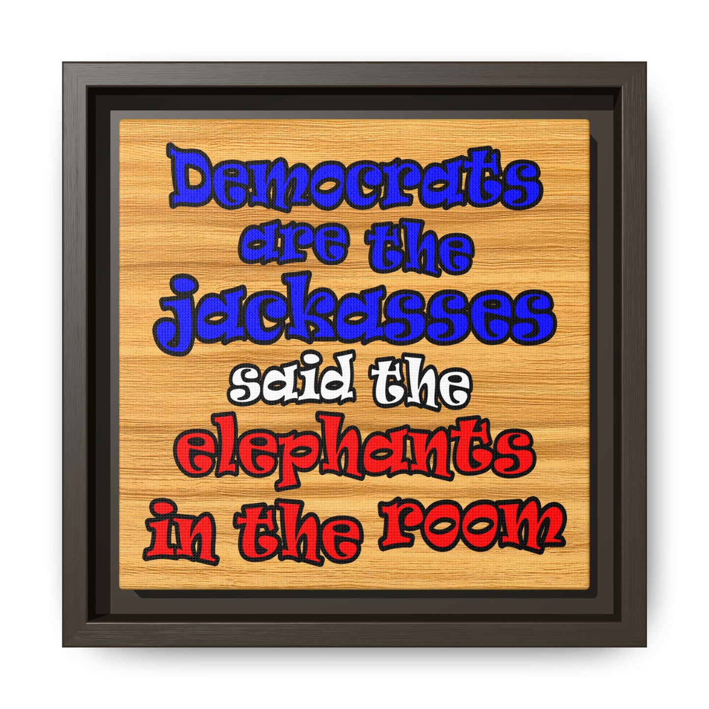 donkeys and elephants - framed canvas art (butterscotch wood finish)