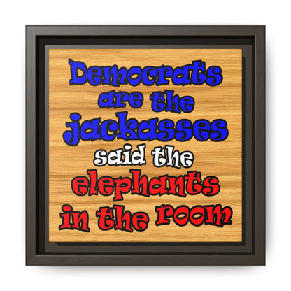 donkeys and elephants - framed canvas art (butterscotch wood finish)