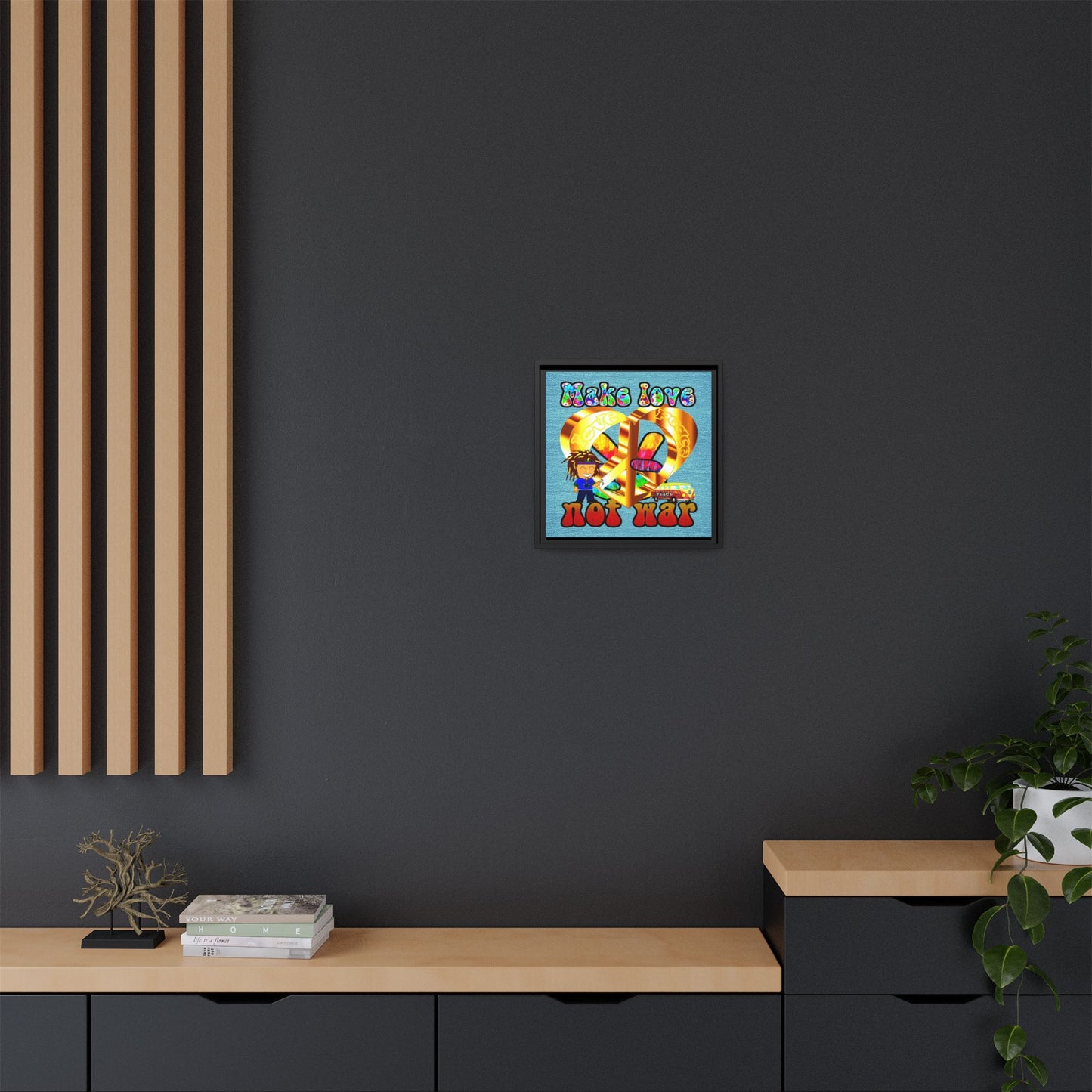 love peace - framed canvas art (faded blue)
