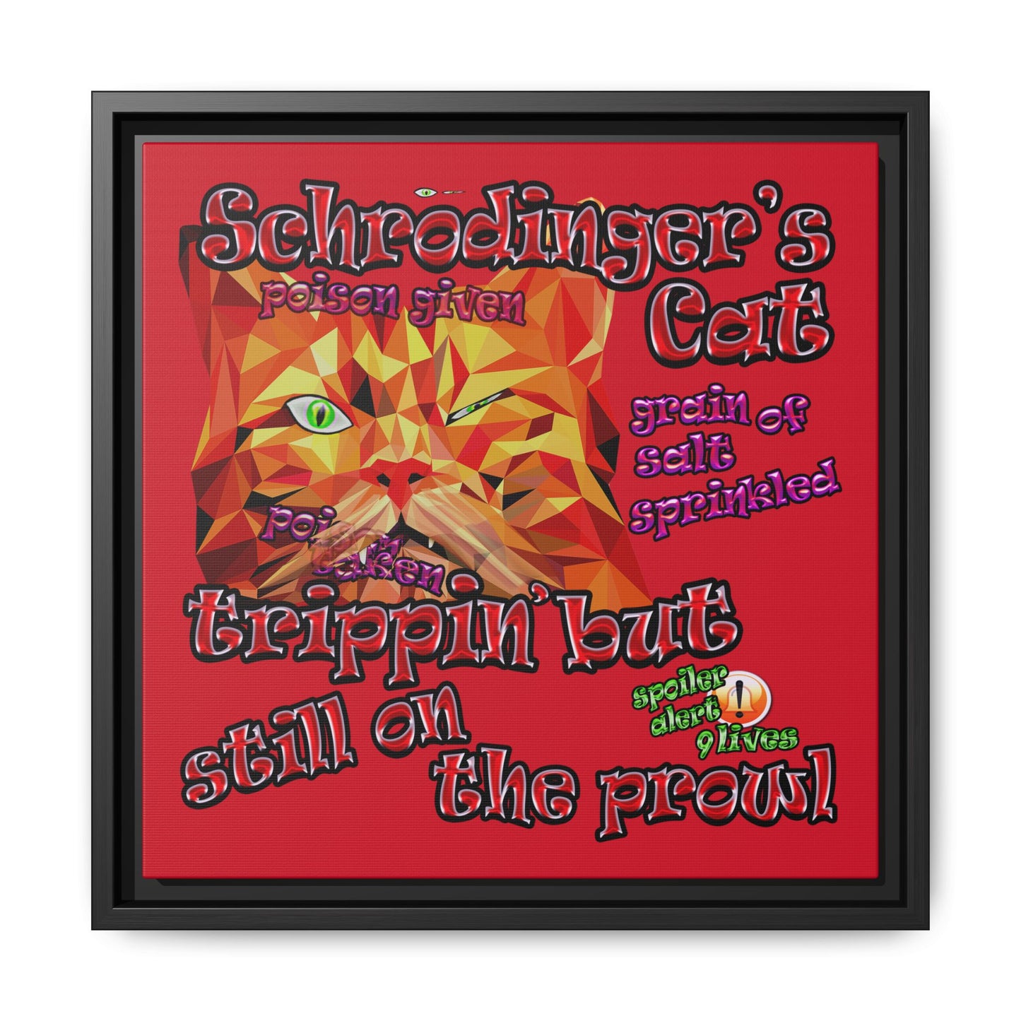 schrodinger's cat - framed canvas art (dark red)
