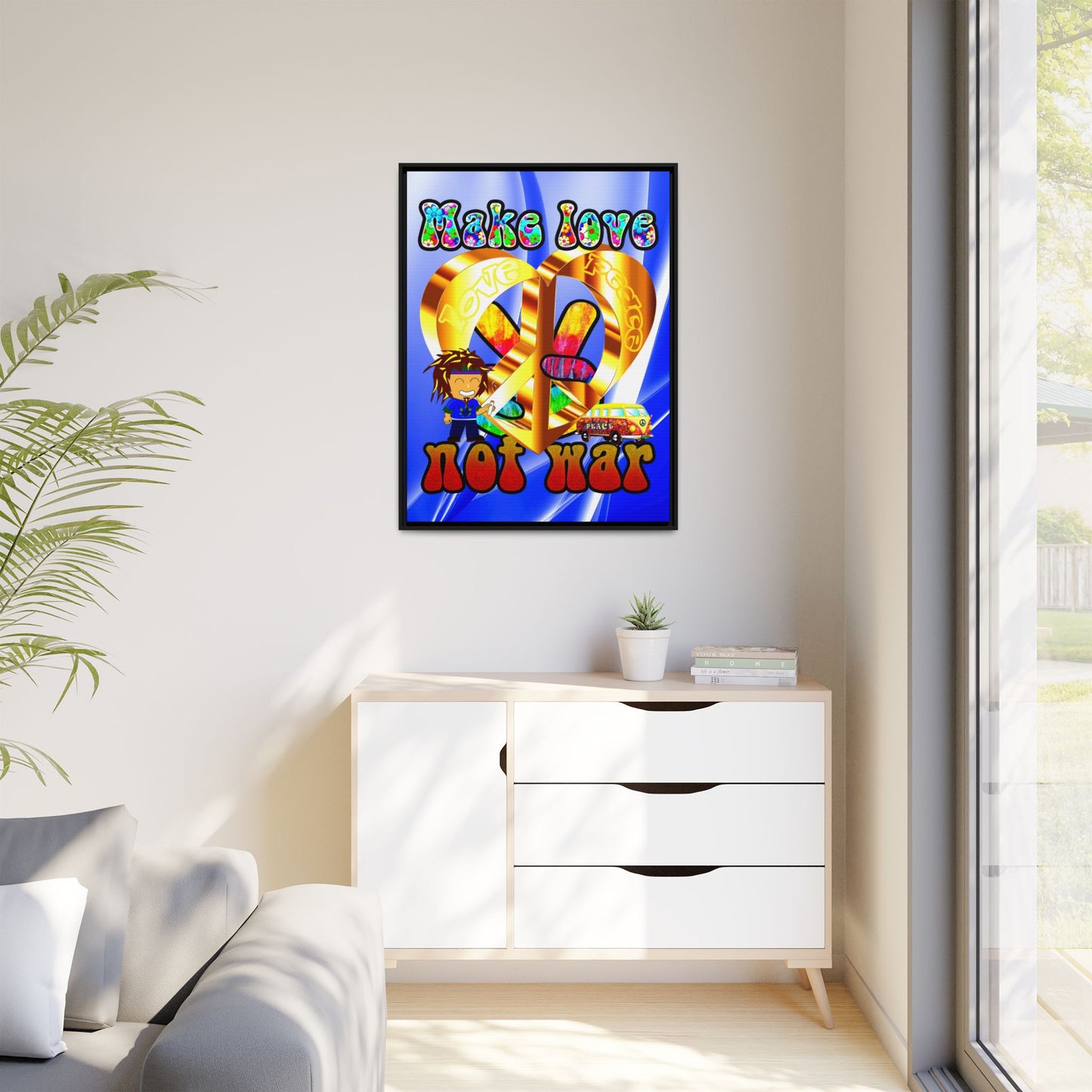 love peace - framed canvas art (blue-white wave)