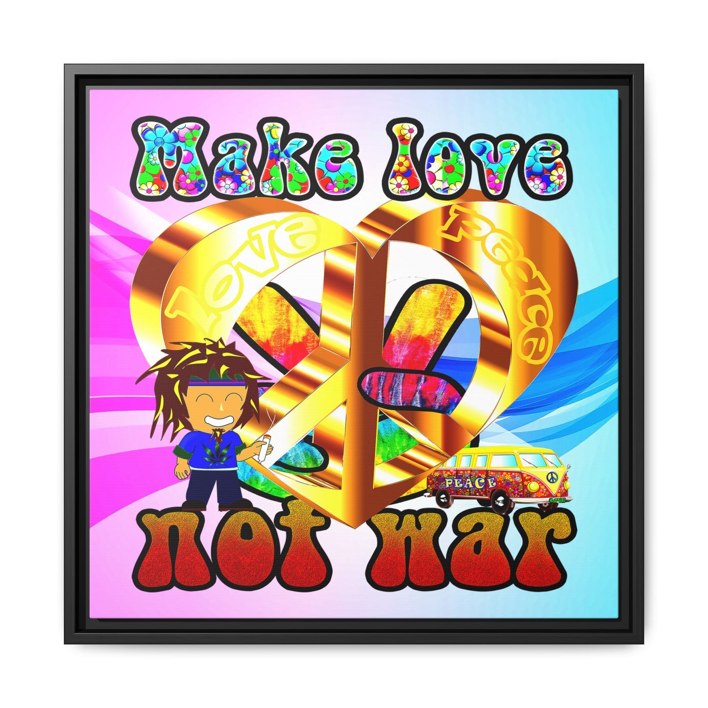 love peace - framed canvas art (light blue-pink wave)