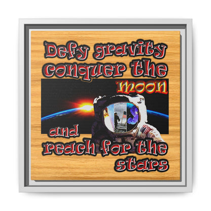 defy conquer reach - framed canvas art (butterscotch wood finish)
