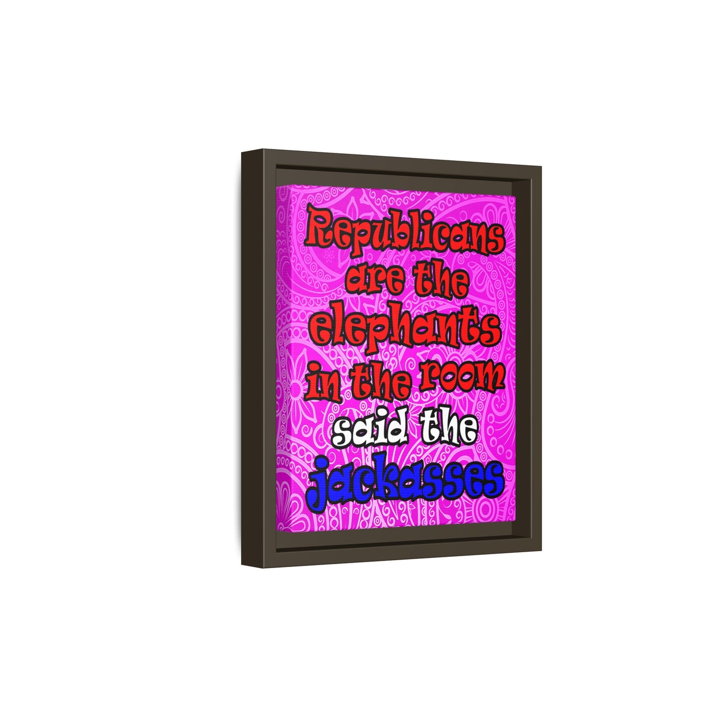 donkeys and elephants - framed canvas art (pink swirl)