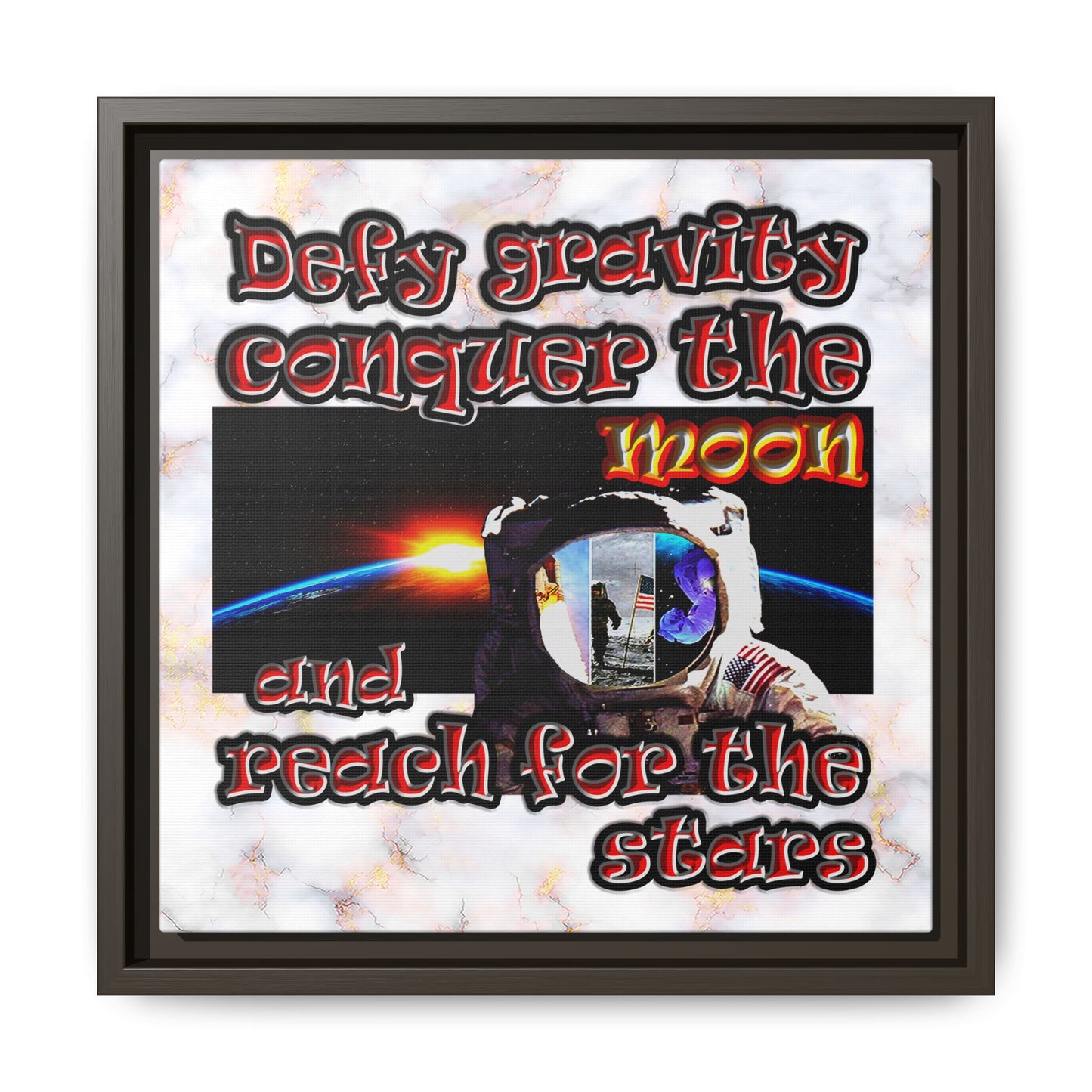 defy conquer reach - framed canvas art (white marble)