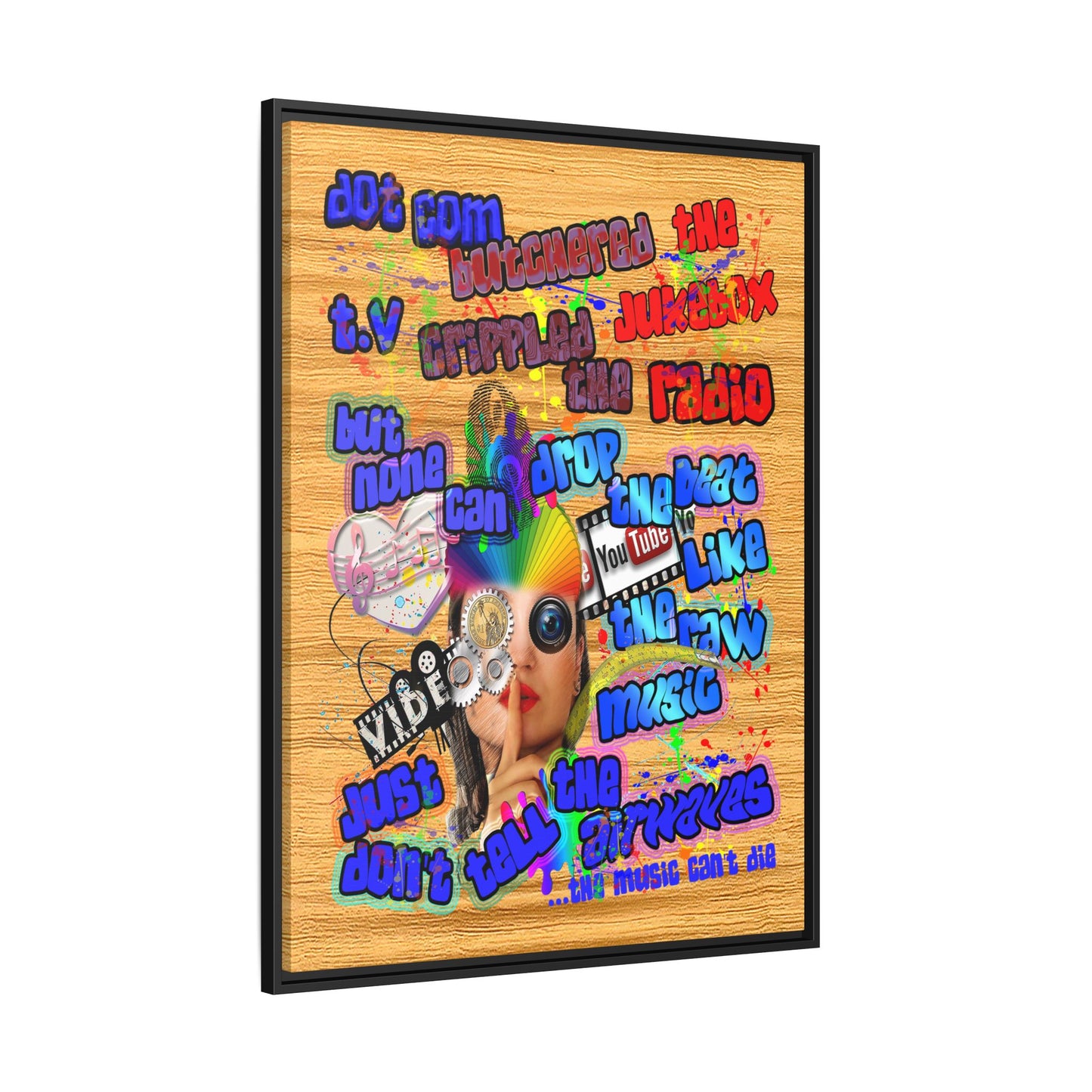 drop the beat - framed canvas art (butterscotch wood finish)
