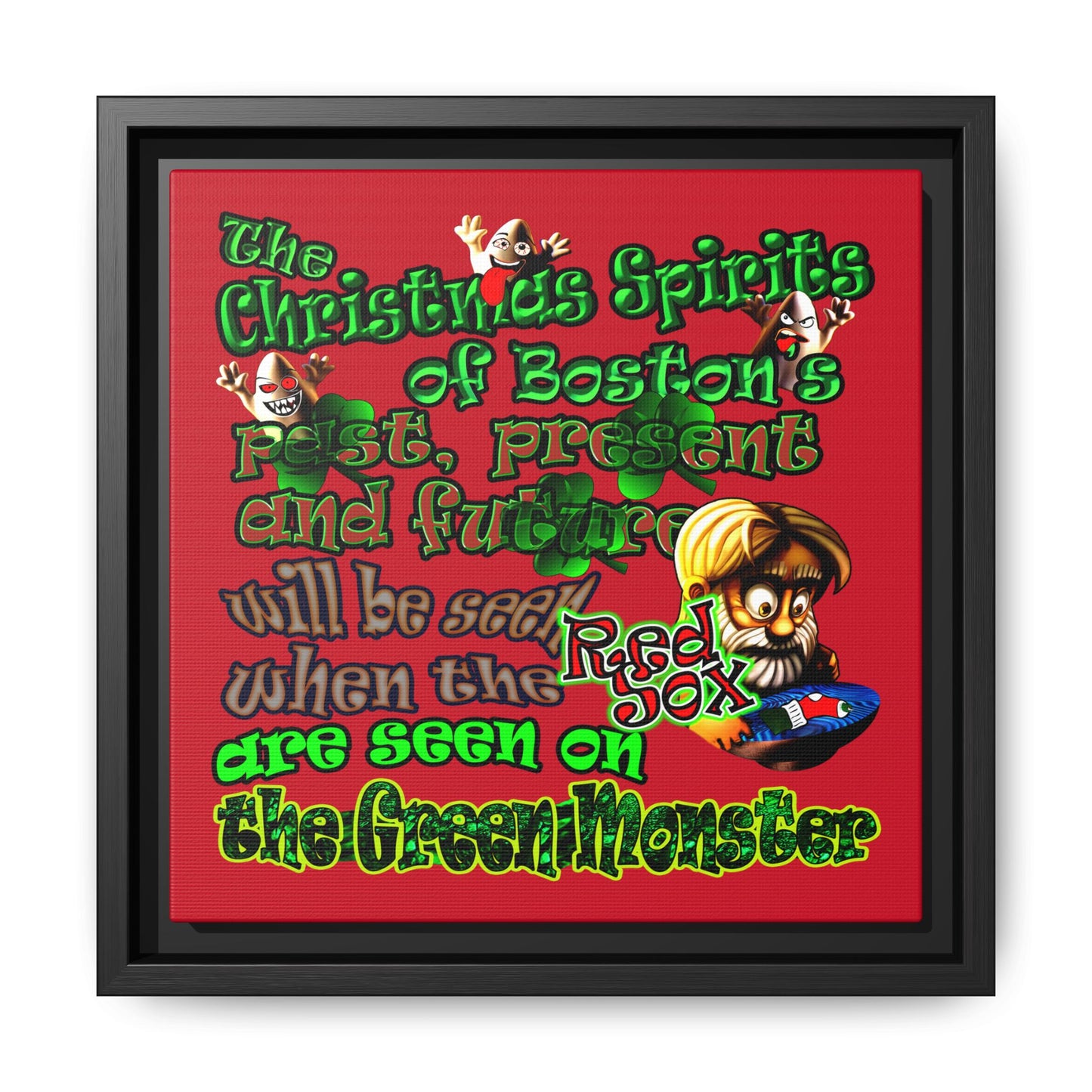 christmas spirits of boston - framed canvas art (dark red)