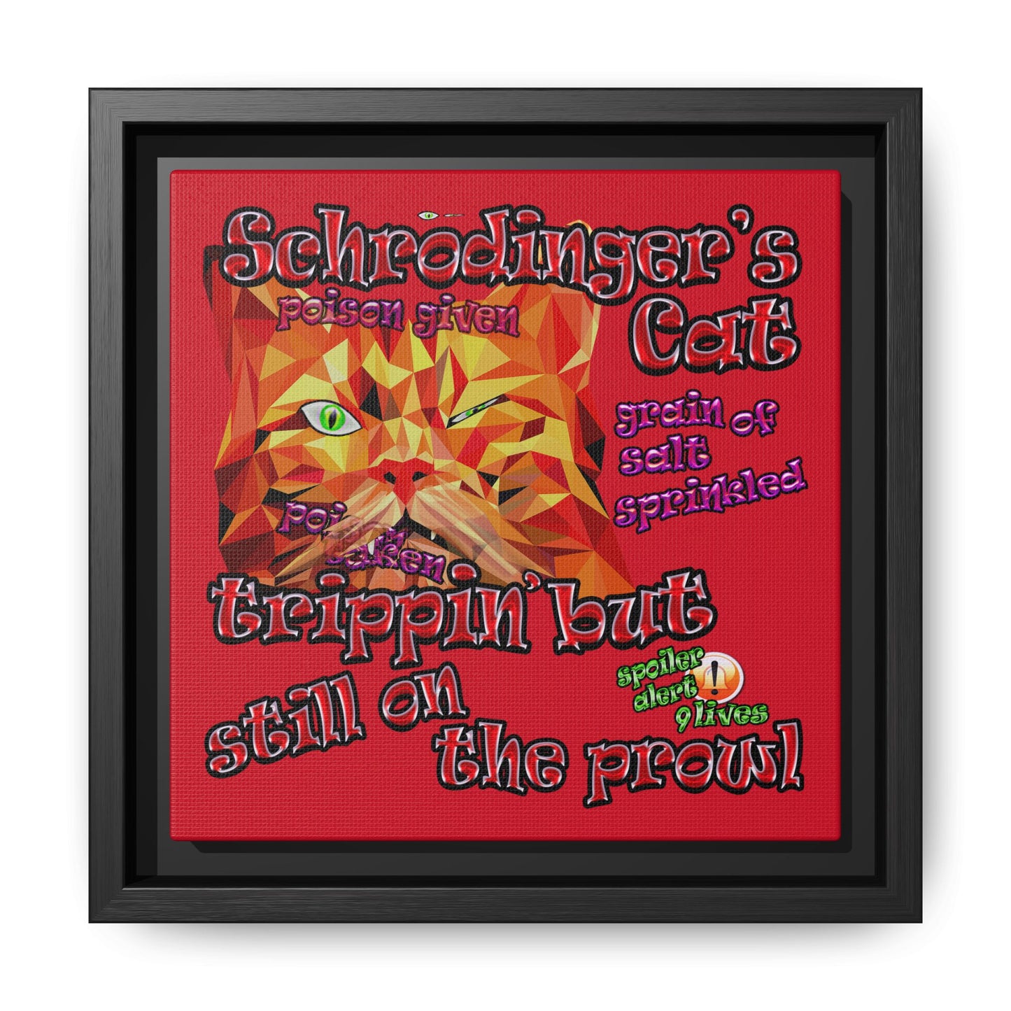 schrodinger's cat - framed canvas art (dark red)