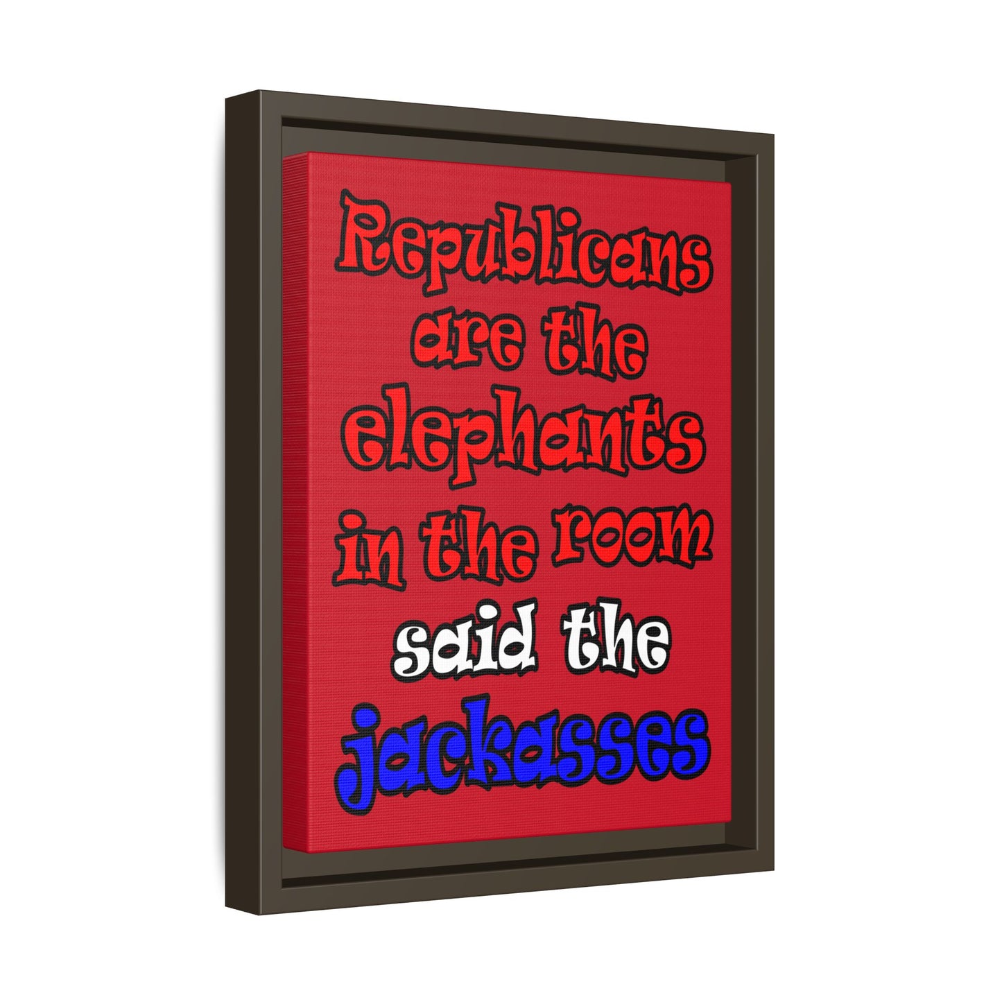 donkeys and elephants - framed canvas art (dark red)