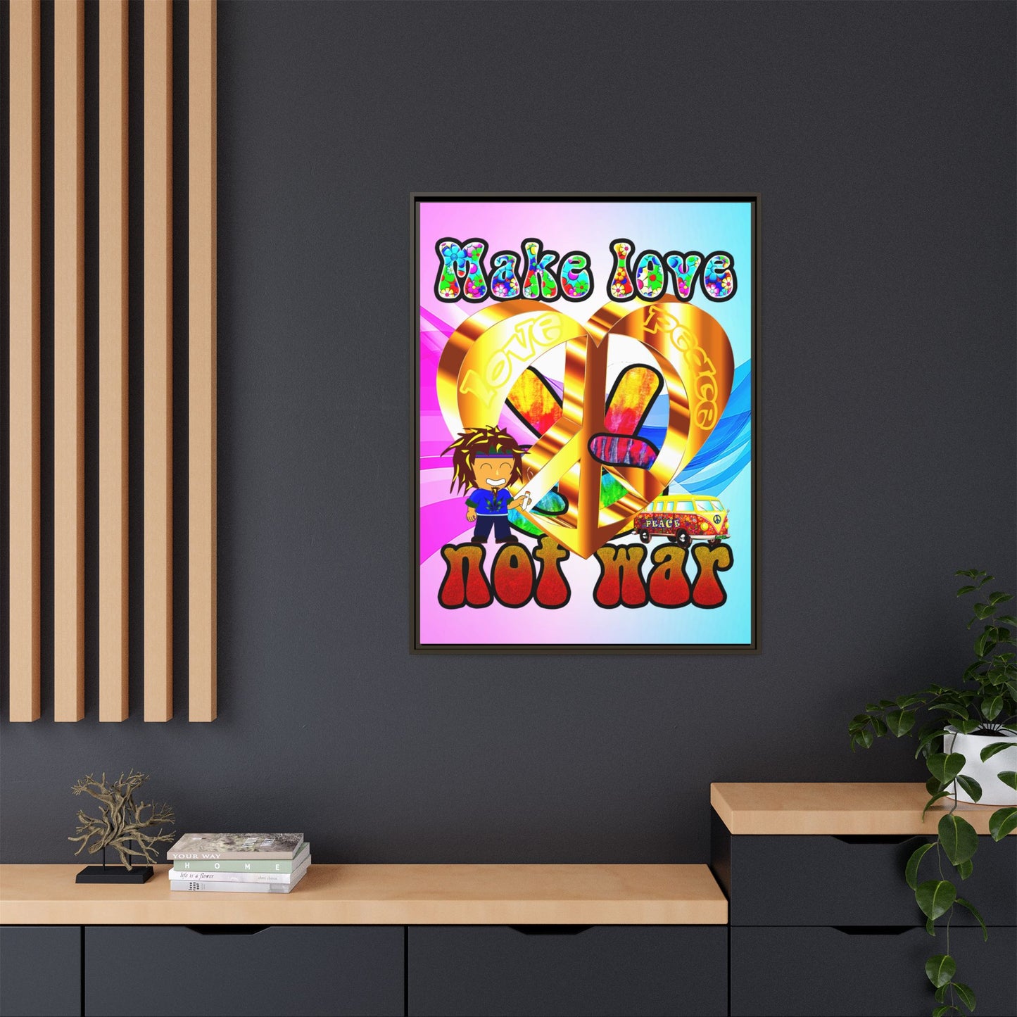 love peace - framed canvas art (light blue-pink wave)