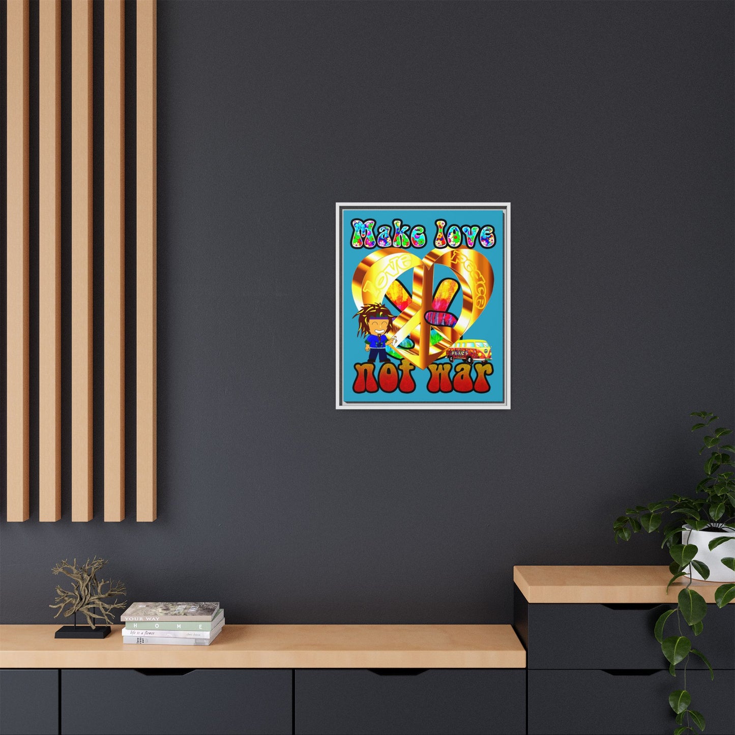 love peace - framed canvas art (turquoise)