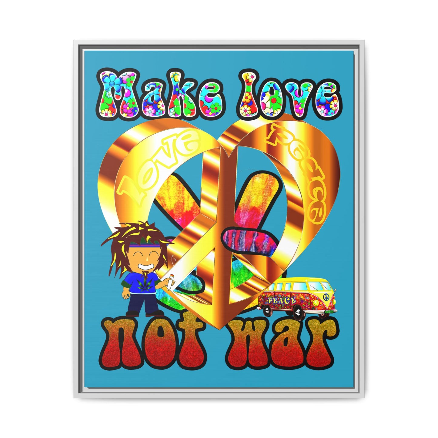 love peace - framed canvas art (turquoise)