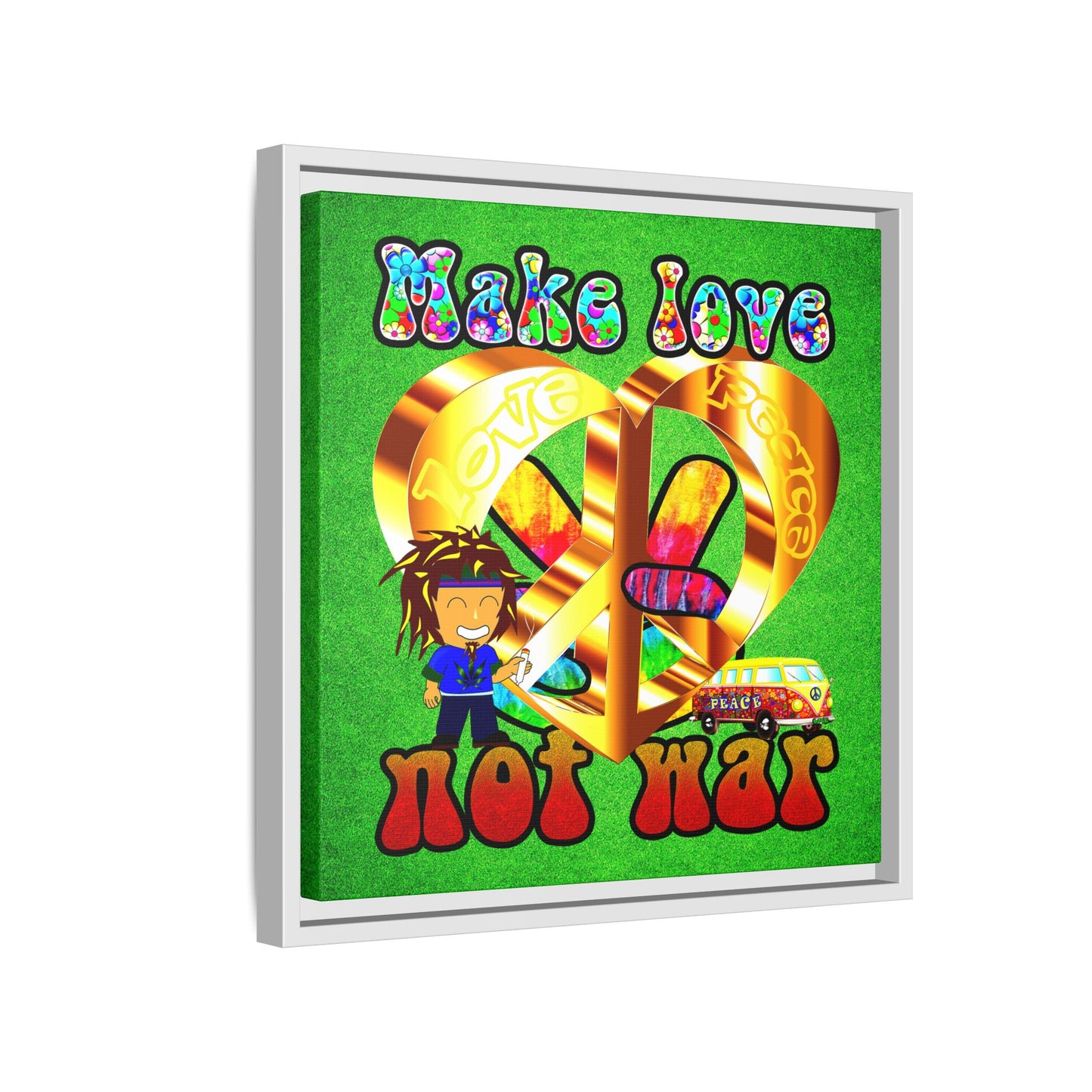 love peace - framed canvas art (green turf)