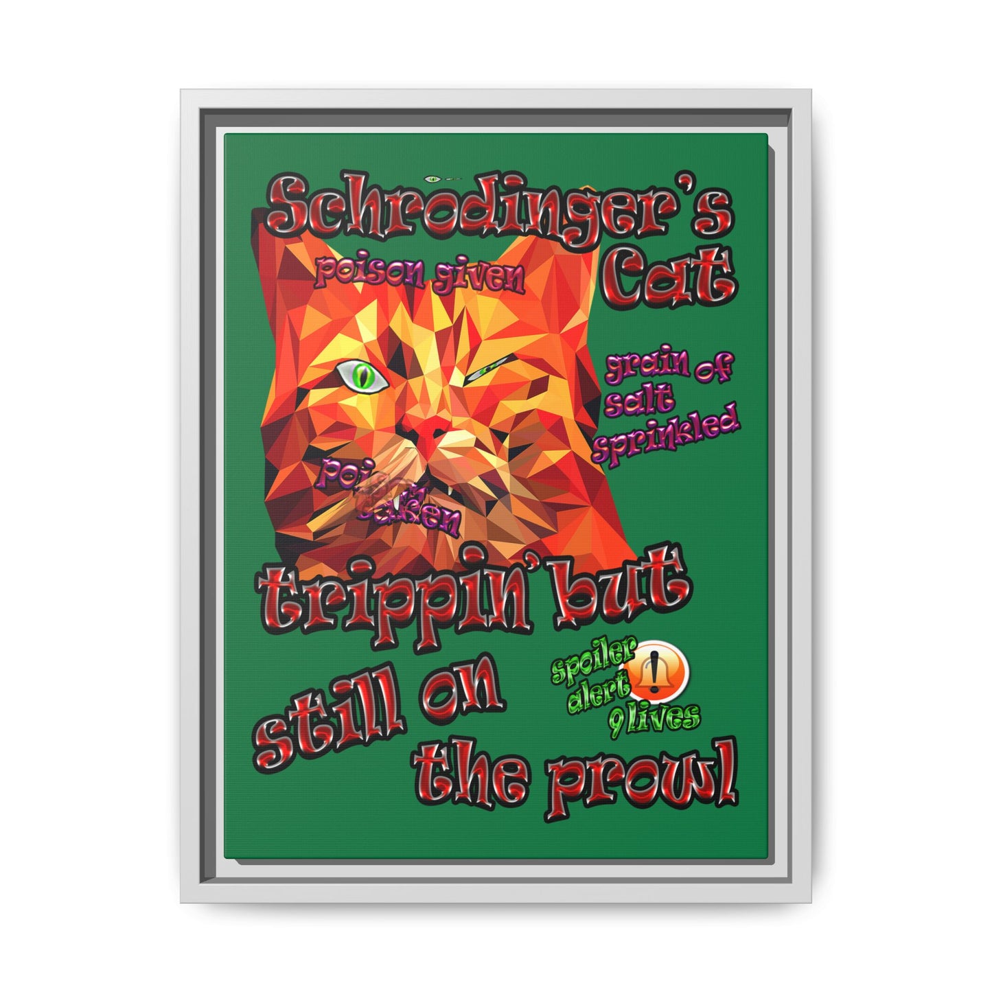 schrodinger's cat - framed canvas art (dark green)