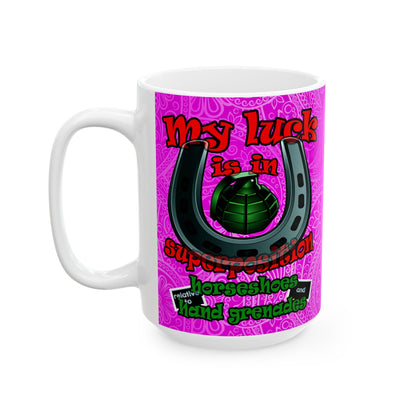 my luck - White Mug (pink swirl)