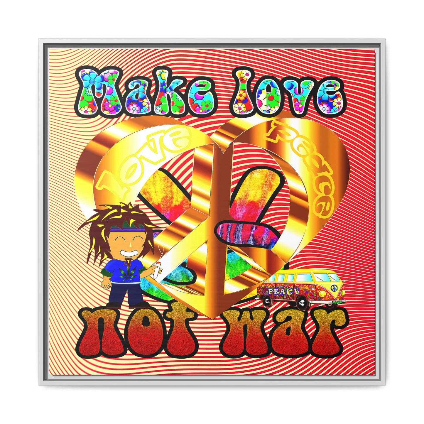 love peace - framed canvas art (yellow-orange wave)