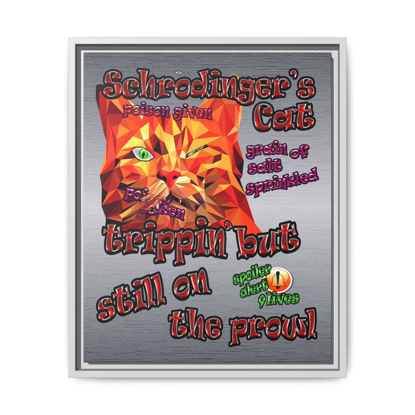 schrodinger's cat - framed canvas art (brushed nickel)