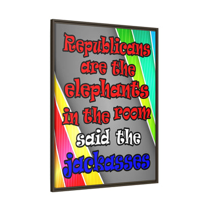 donkeys and elephants - framed canvas art (rainbow split)