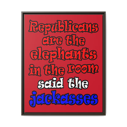 donkeys and elephants - framed canvas art (dark red)