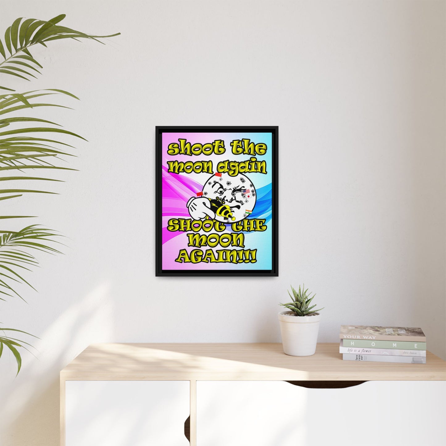 shoot the moon again - framed canvas art (light blue-pink wave)