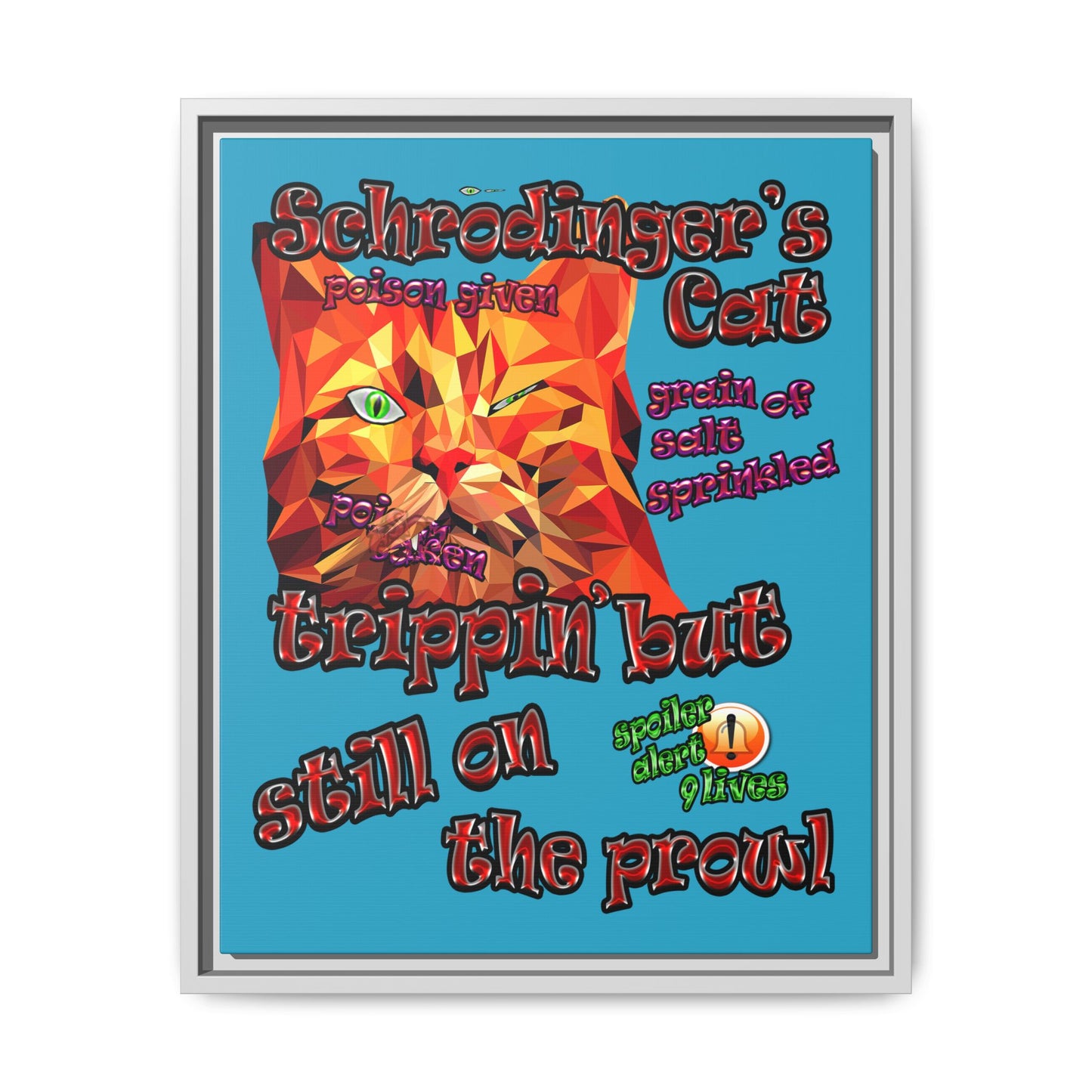 schrodinger's cat - framed canvas art (turquoise)