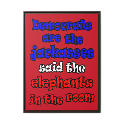 donkeys and elephants - framed canvas art (dark red)