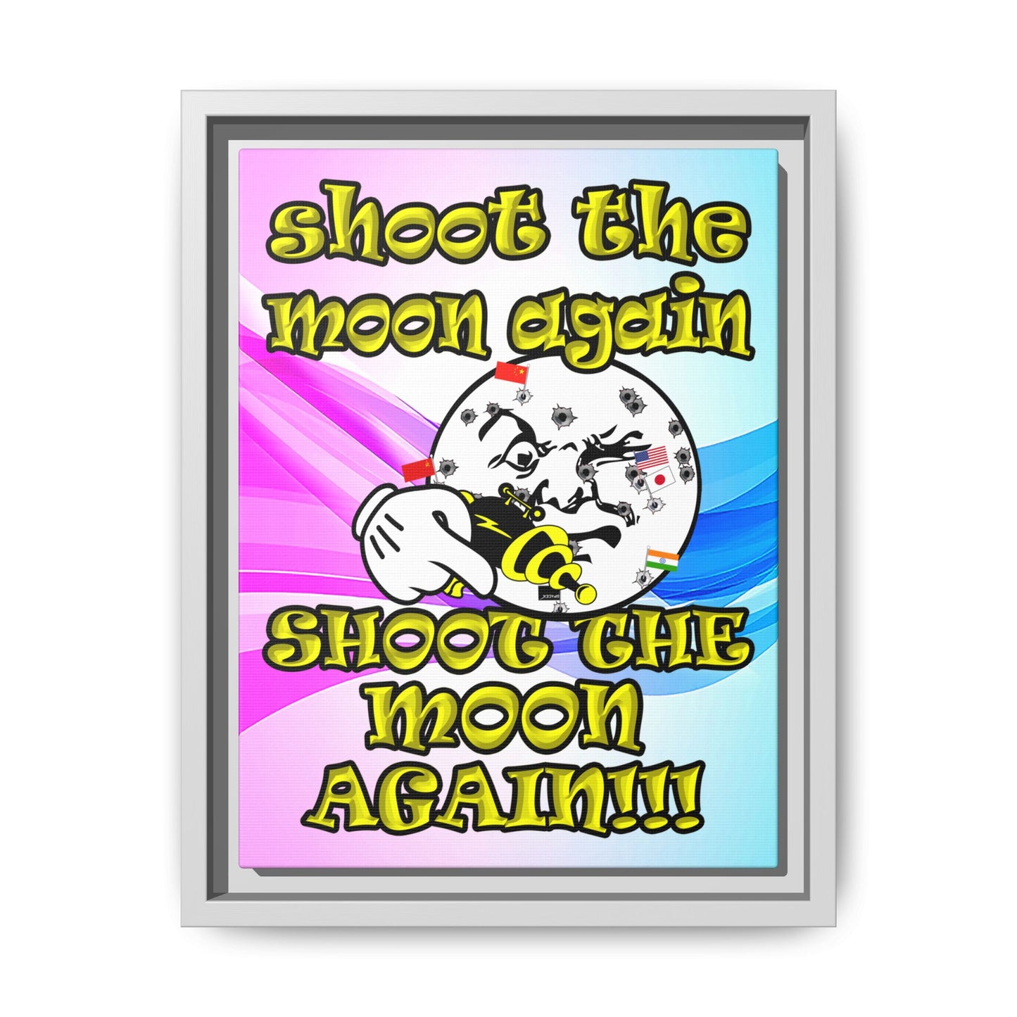 shoot the moon again - framed canvas art (light blue-pink wave)
