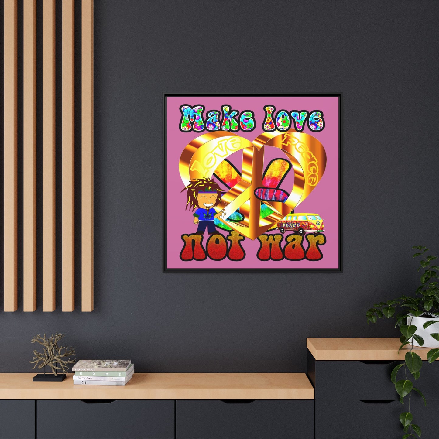 love peace - framed canvas art (light pink)