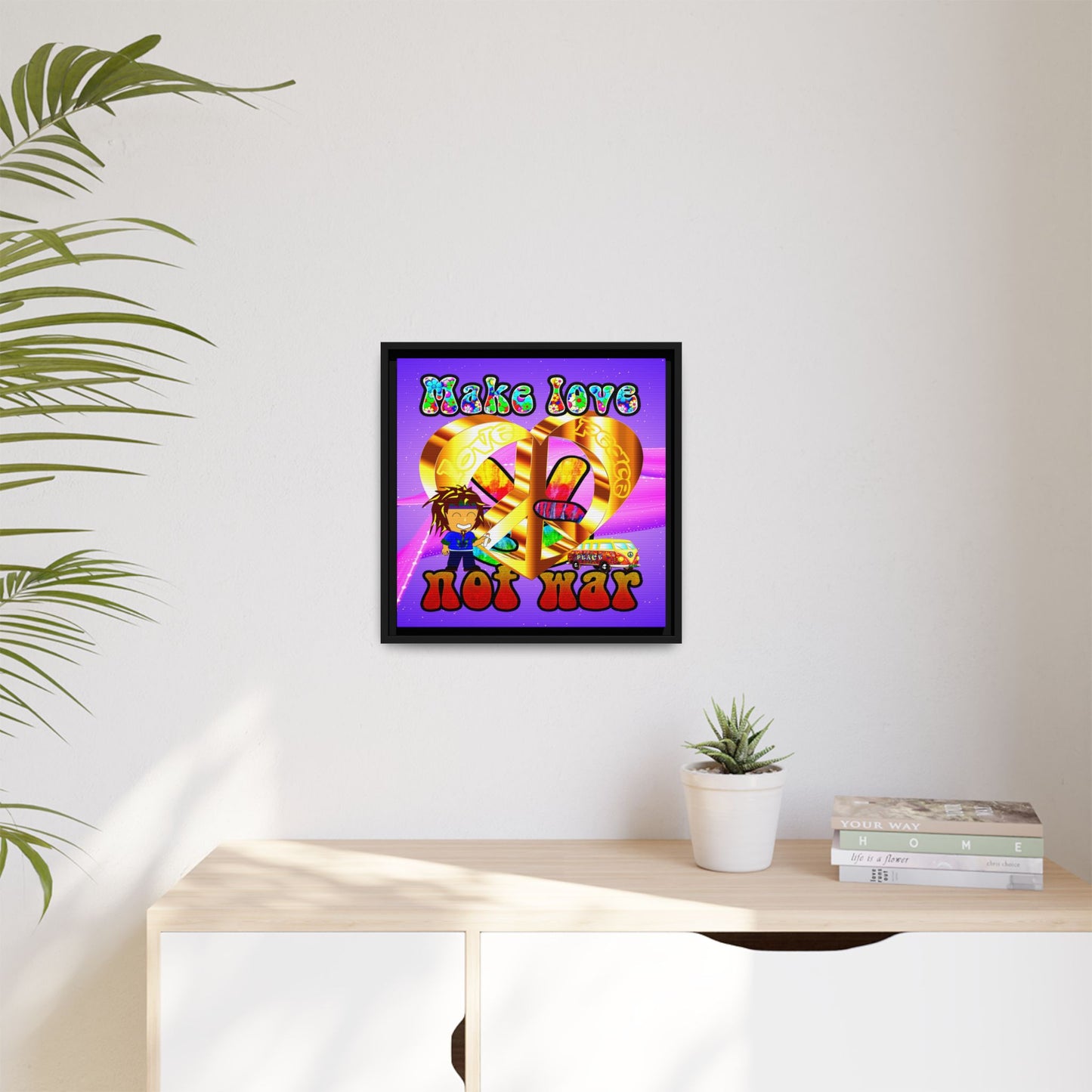 love peace - framed canvas art (purple-pink wave)