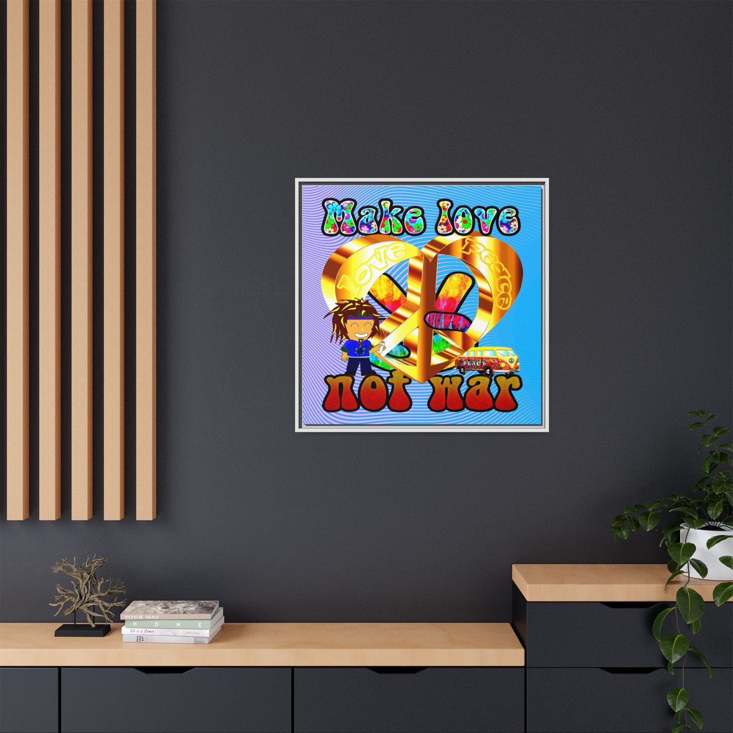love peace - framed canvas art (light blue-purple wave)