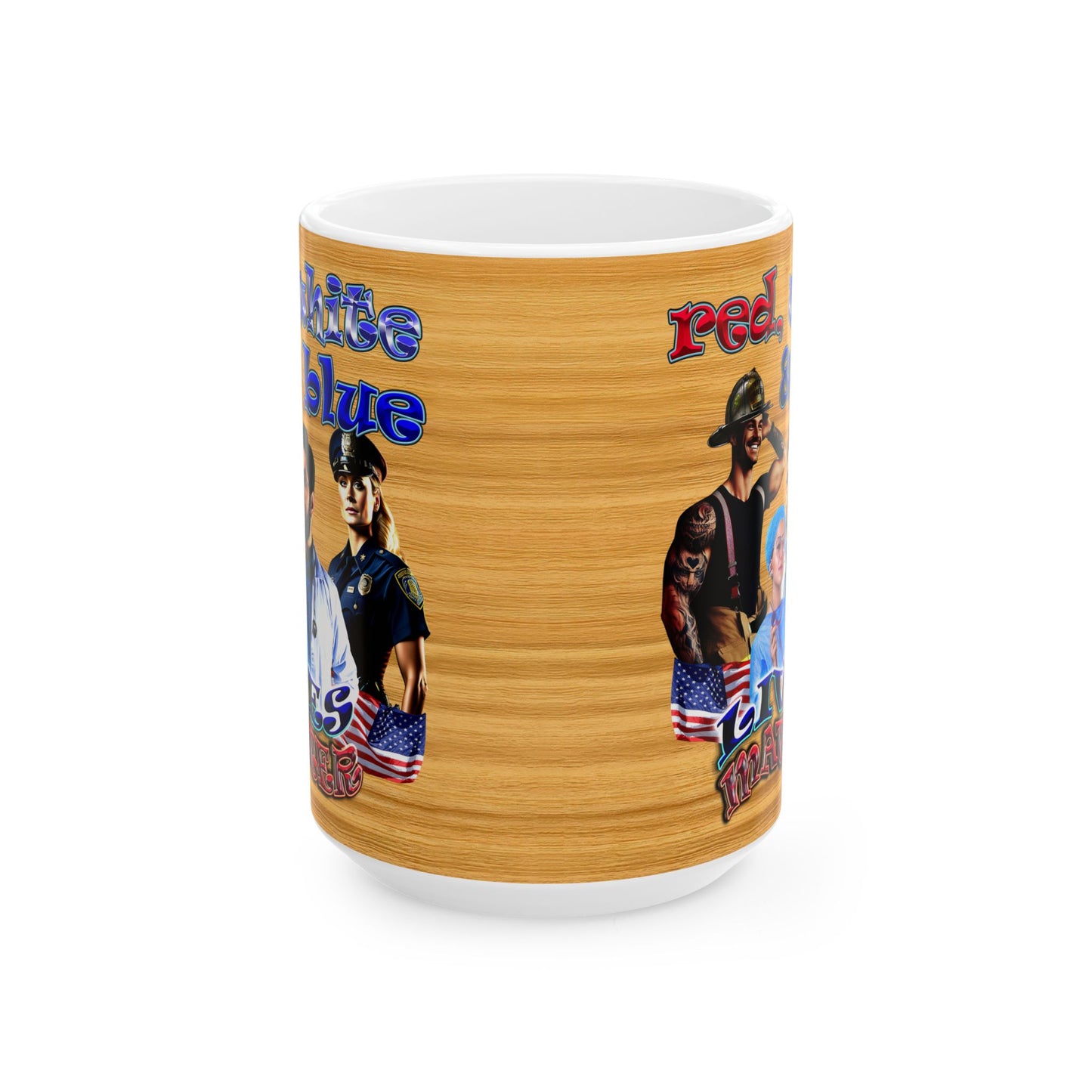 rw&b lives matter - White Mug (butterscotch wood finish)