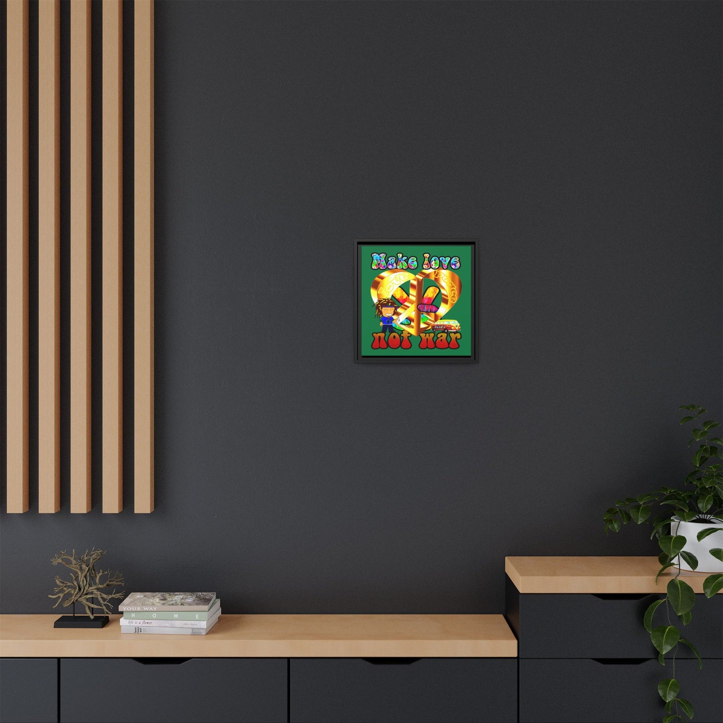 love peace - framed canvas art (dark green)