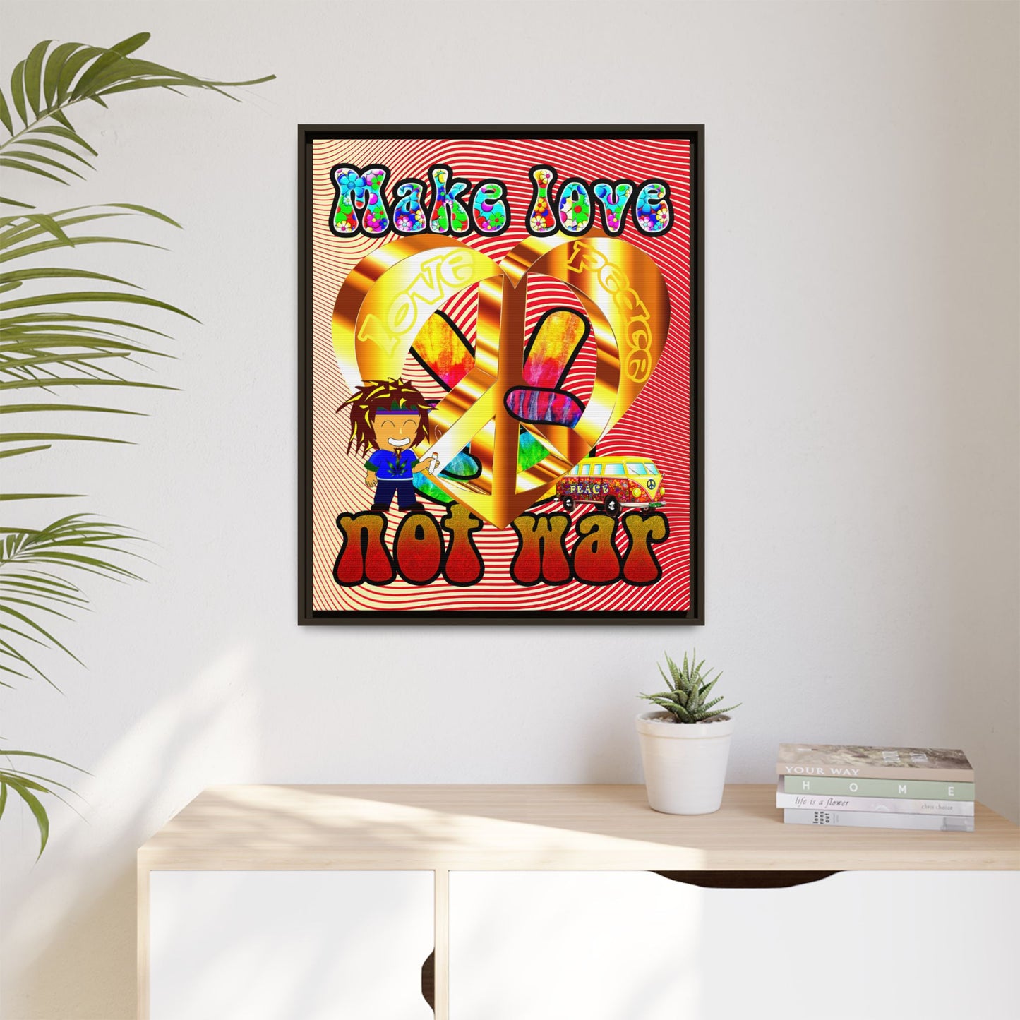 love peace - framed canvas art (yellow-orange wave)