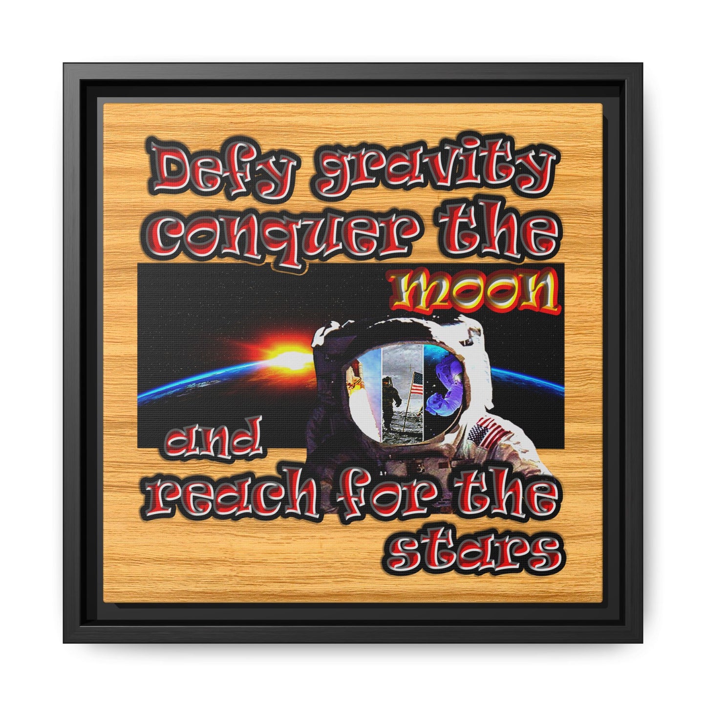 defy conquer reach - framed canvas art (butterscotch wood finish)