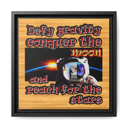 defy conquer reach - framed canvas art (butterscotch wood finish)