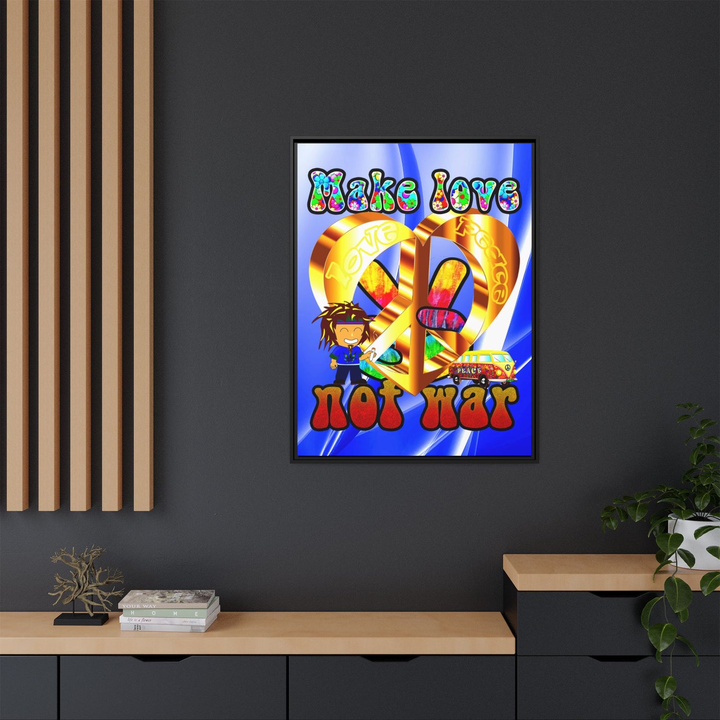 love peace - framed canvas art (blue-white wave)