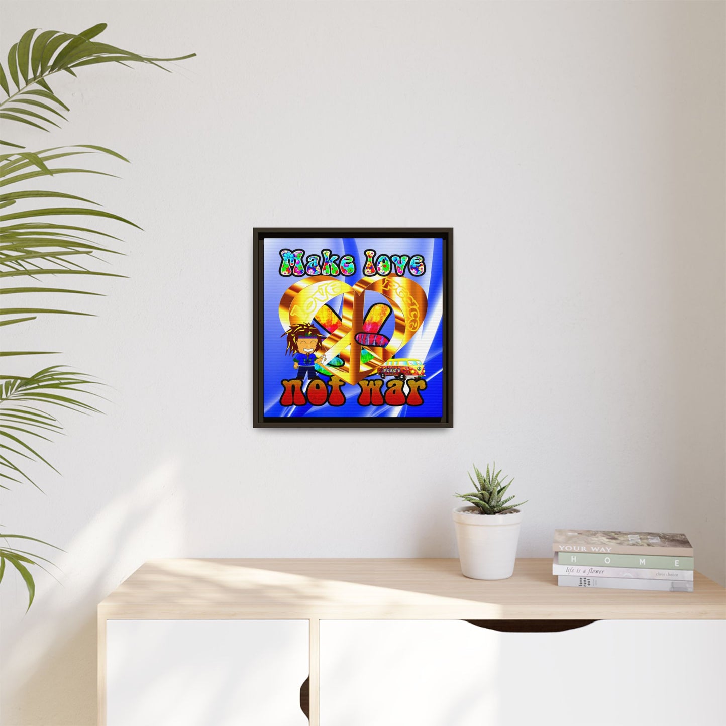 love peace - framed canvas art (blue-white wave)