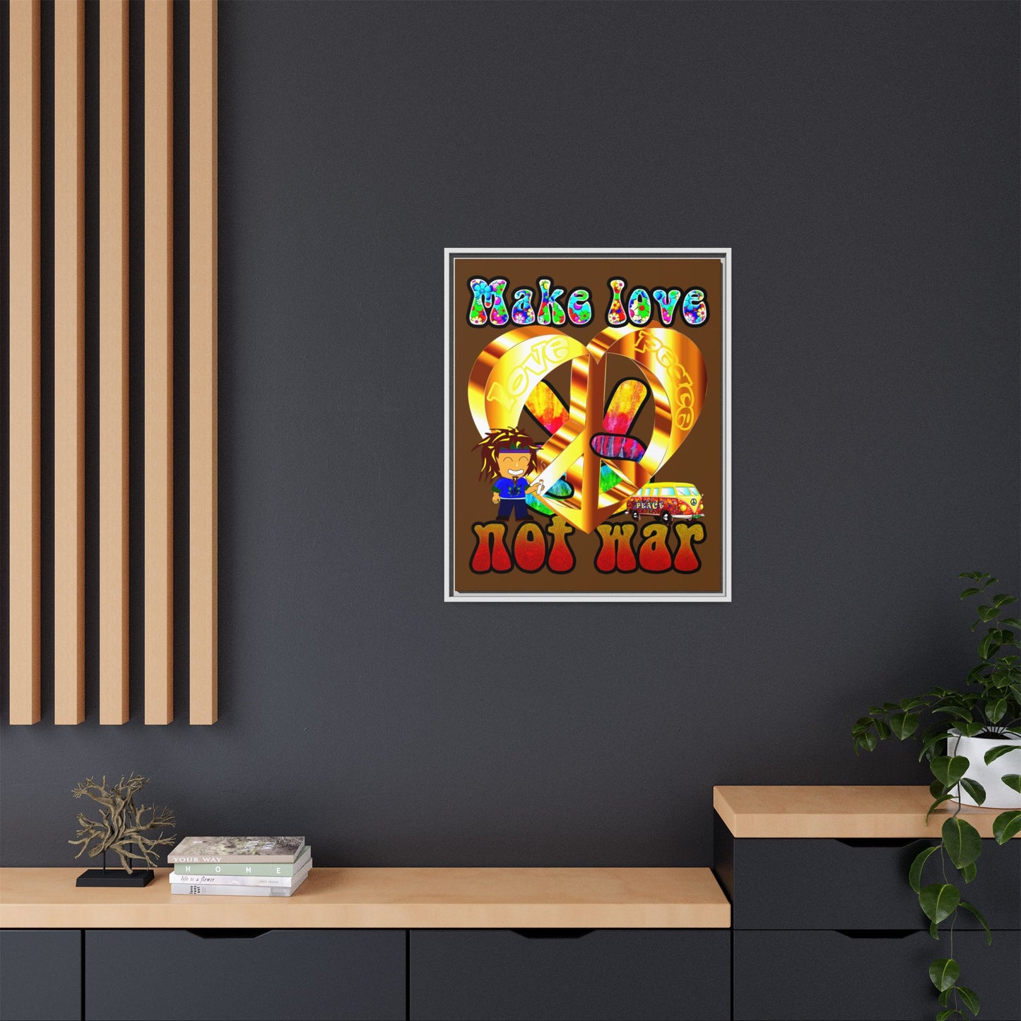 love peace - framed canvas art (brown)