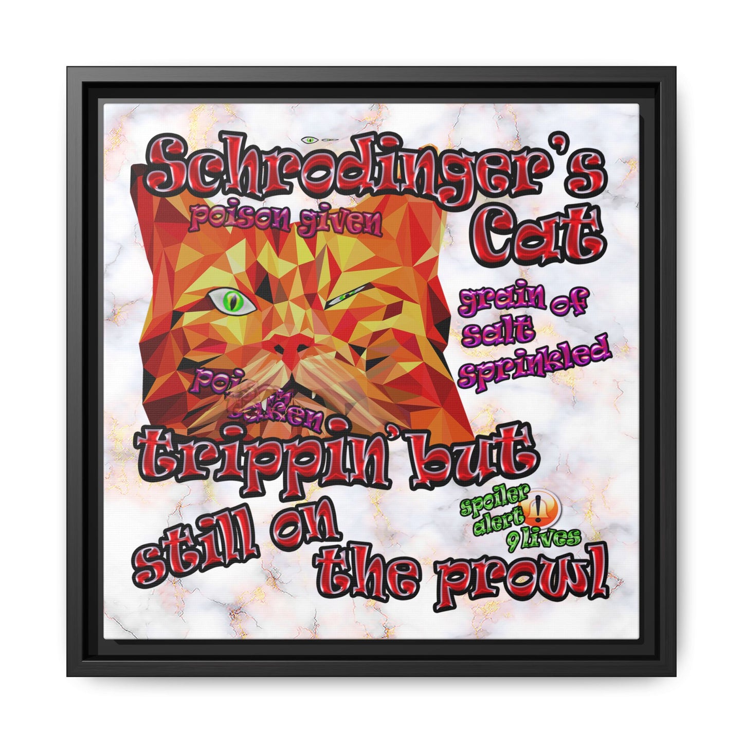 schrodinger's cat - framed canvas art (white marble)