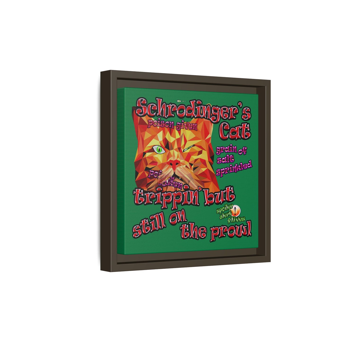 schrodinger's cat - framed canvas art (dark green)