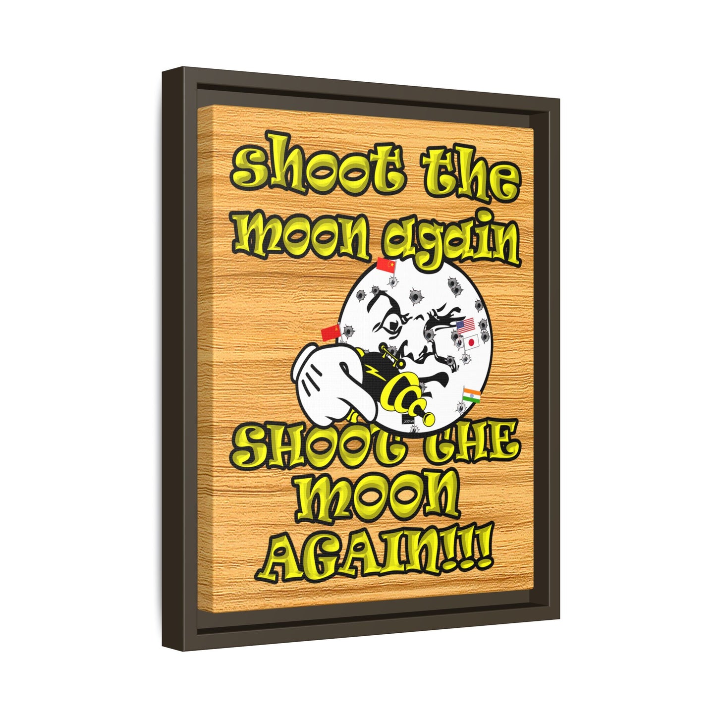 shoot the moon again - framed canvas art (butterscotch wood finish)