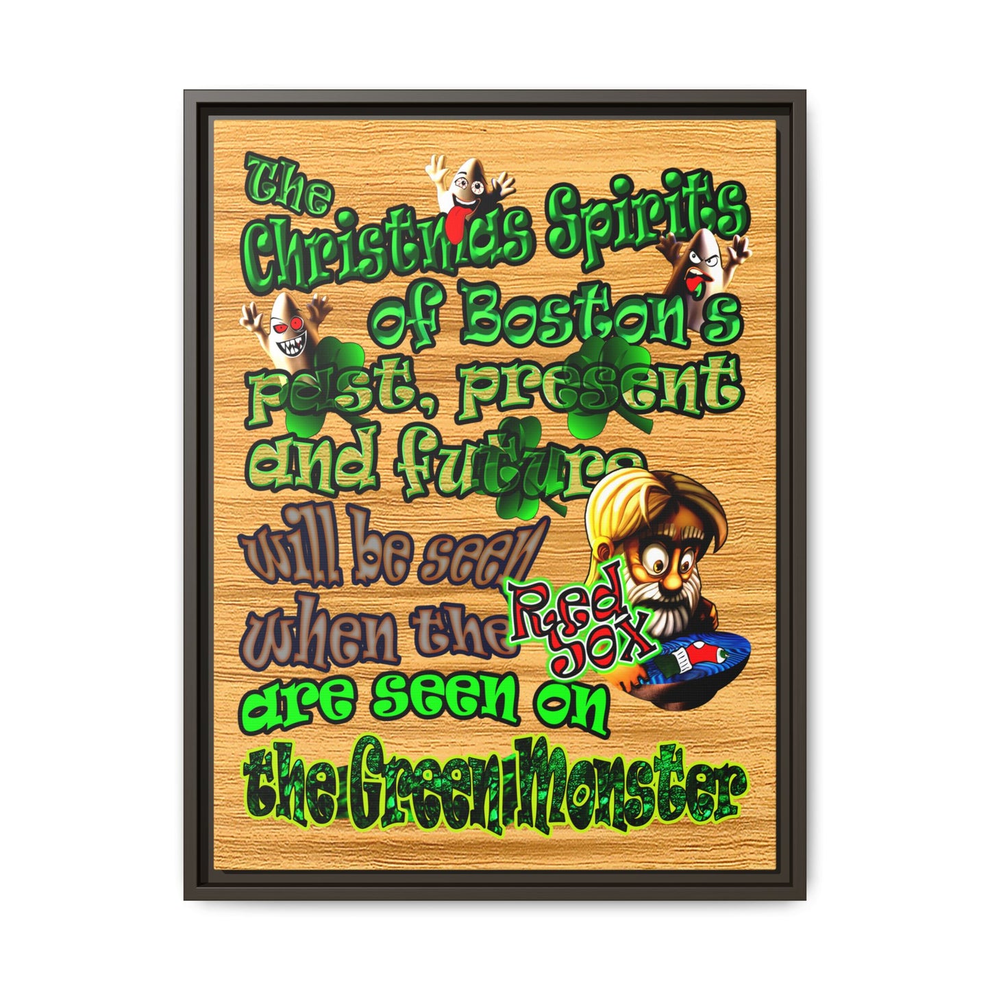 christmas spirits of boston - framed canvas art (butterscotch wood finish)